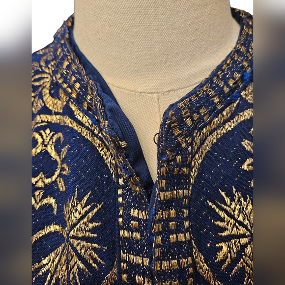 💝1970s Blue and Gold Brocade Caftan Maxi Dress - Picture 2 of 14